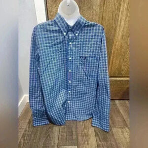 CHAPS Men's Large Button Down Shirt Long Sleeve Blue/White Cotton Easy Care